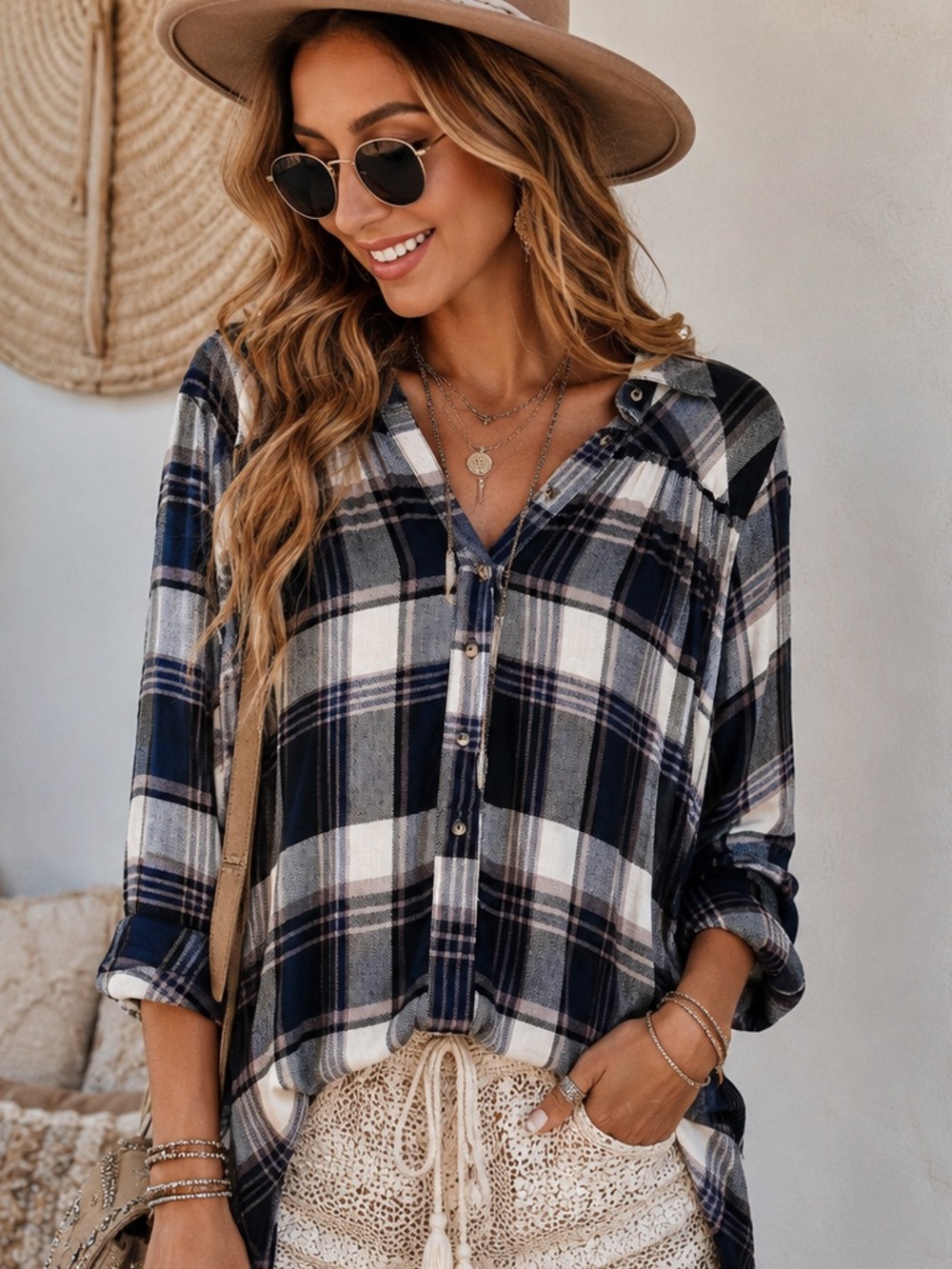 Loveriche Plaid Button Front Hi-Low Blouse | Size Small | Boho Flowy Top Size S